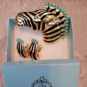 Alana Stewart Zebra Pin and Zebra Striped Turquoise Bead Topped Clip-on Earrings